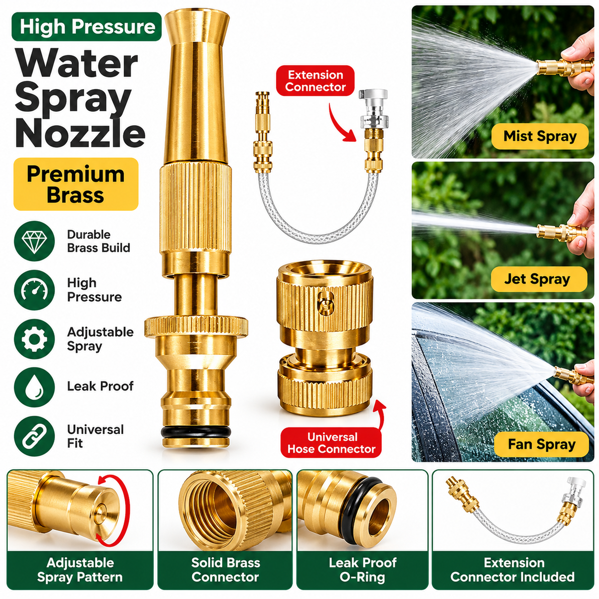 Nozzle Water Spray Gun Water Jet Hose Nozzles Hose Pipe Spray Gun, 1/2" Hose Pipe Jet Adjustable Pressure