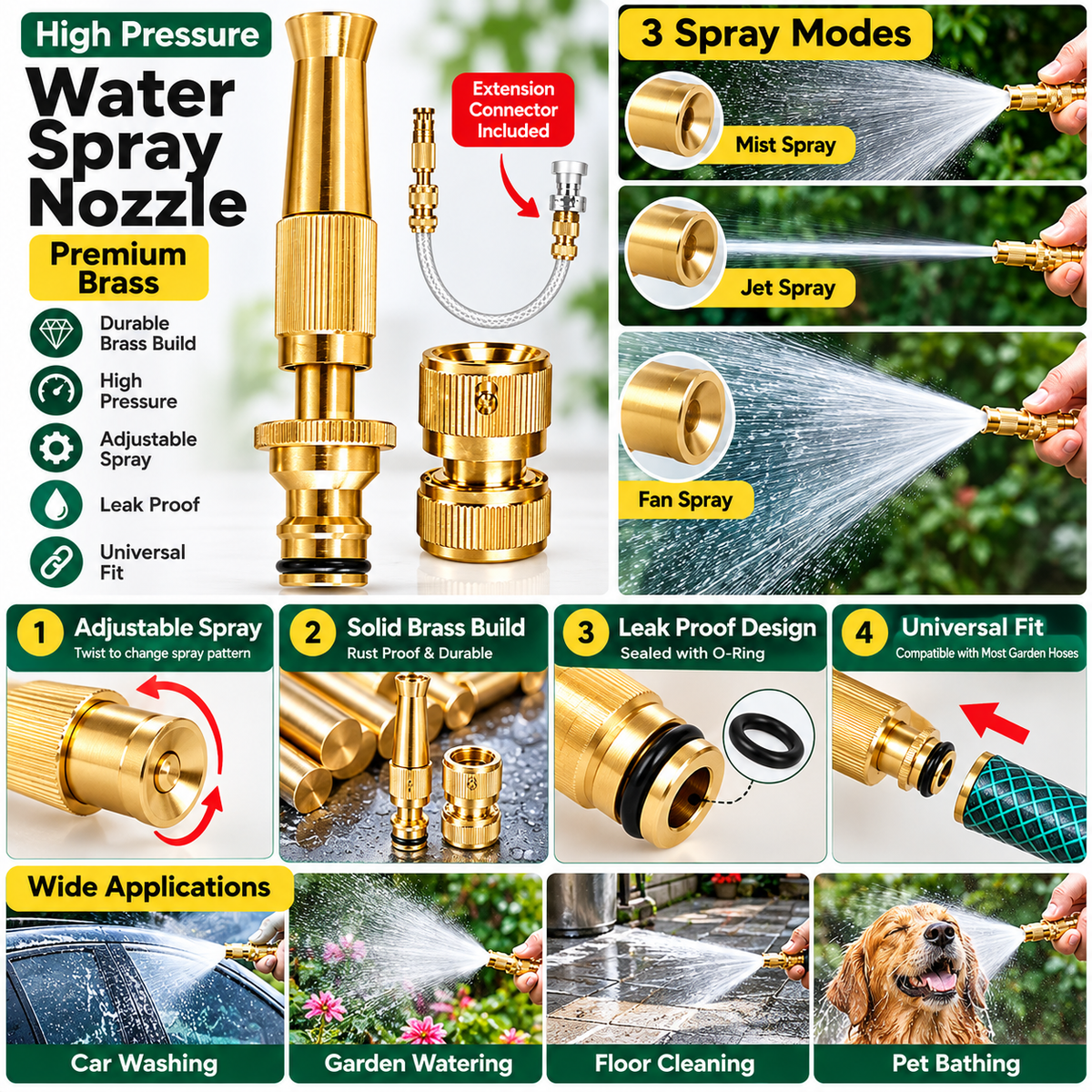 Nozzle Water Spray Gun Water Jet Hose Nozzles Hose Pipe Spray Gun, 1/2" Hose Pipe Jet Adjustable Pressure