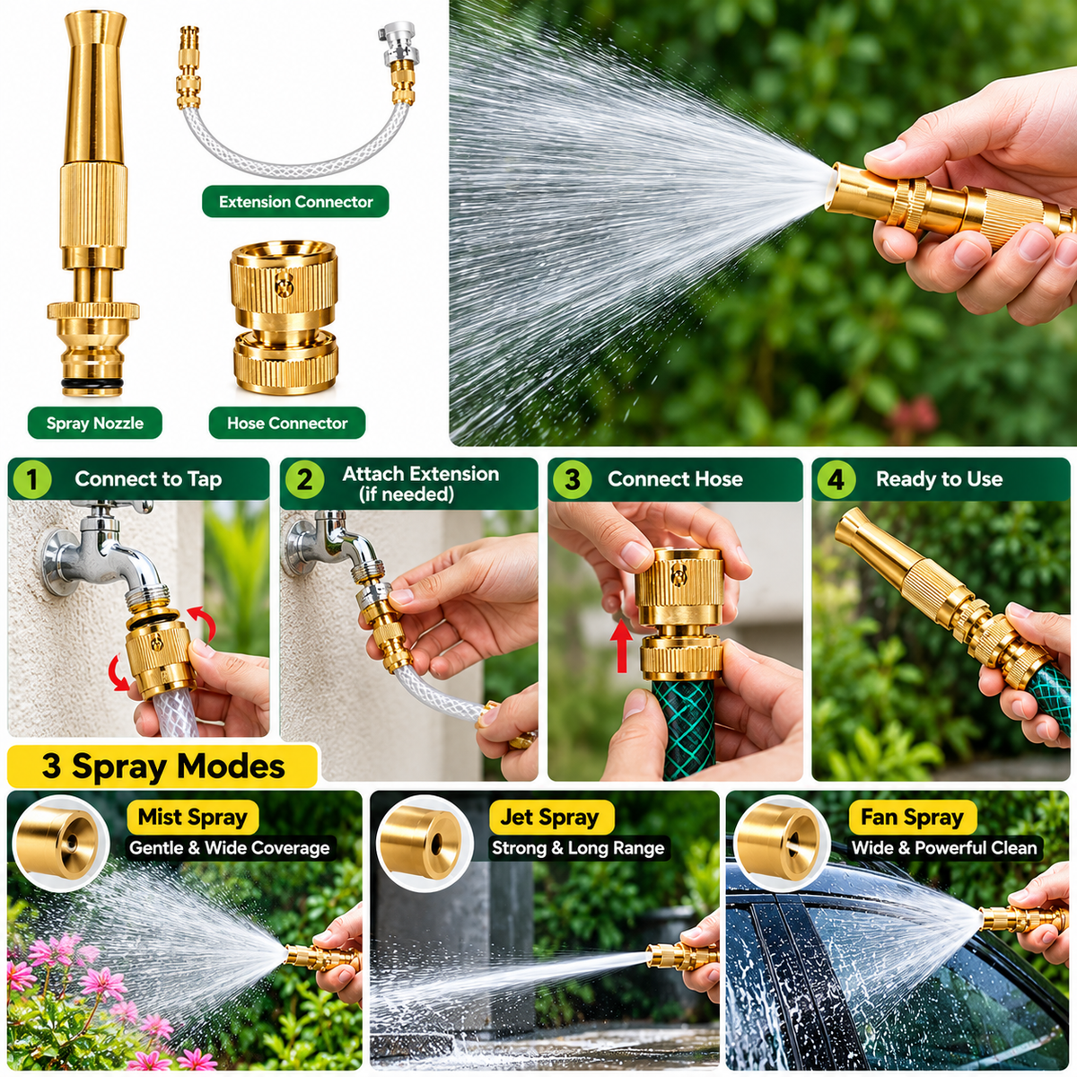Nozzle Water Spray Gun Water Jet Hose Nozzles Hose Pipe Spray Gun, 1/2" Hose Pipe Jet Adjustable Pressure
