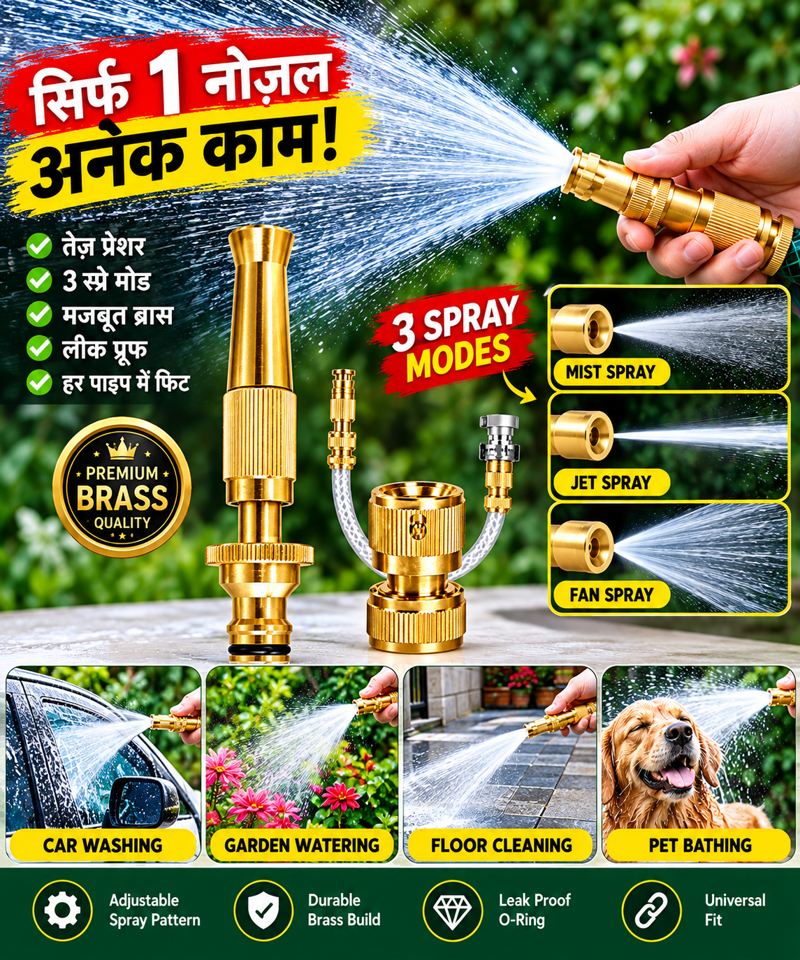 Nozzle Water Spray Gun Water Jet Hose Nozzles Hose Pipe Spray Gun, 1/2" Hose Pipe Jet Adjustable Pressure