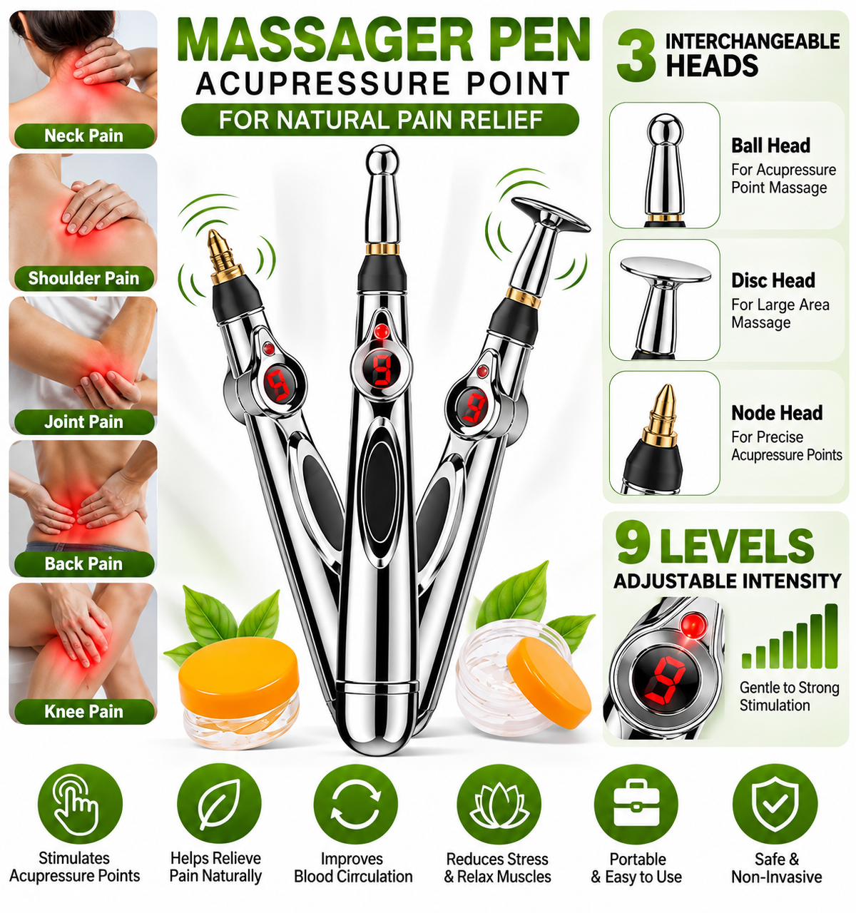 9-Level 3-in-1 Acupressure Massager Pen with FREE Massage Gel