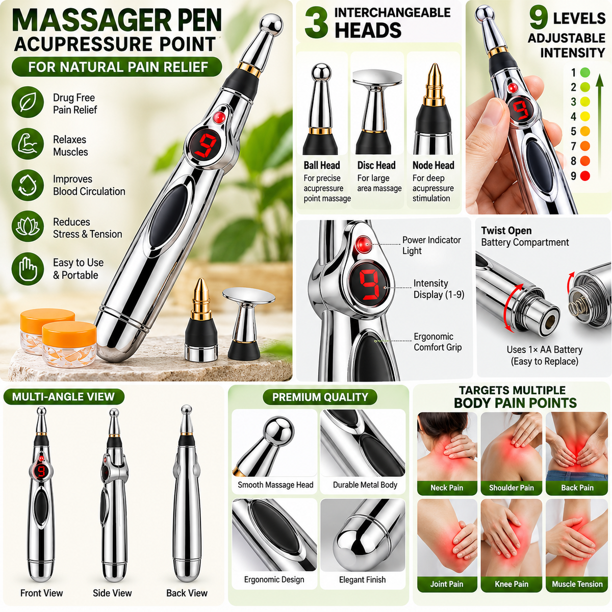 9-Level 3-in-1 Acupressure Massager Pen with FREE Massage Gel
