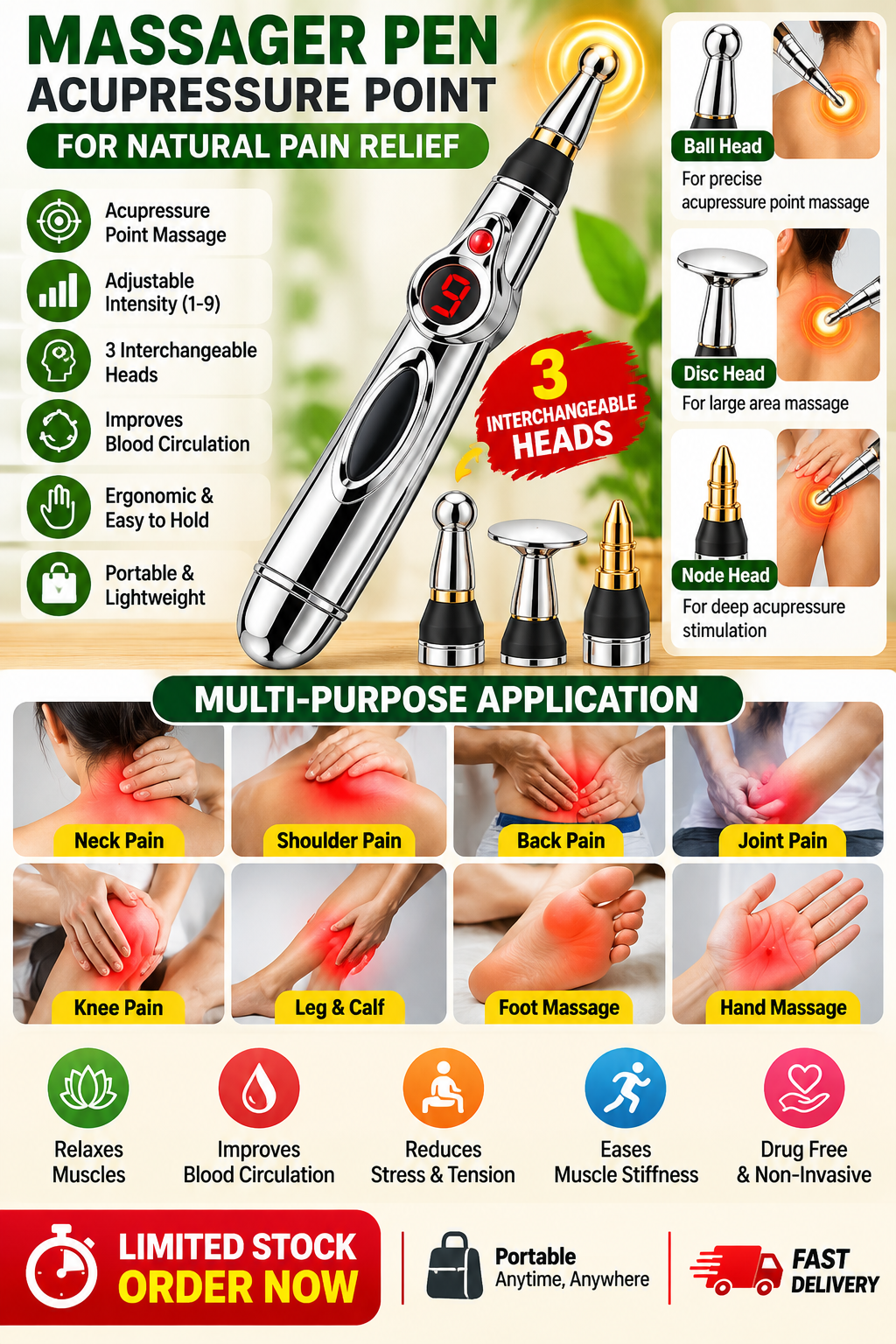 9-Level 3-in-1 Acupressure Massager Pen with FREE Massage Gel