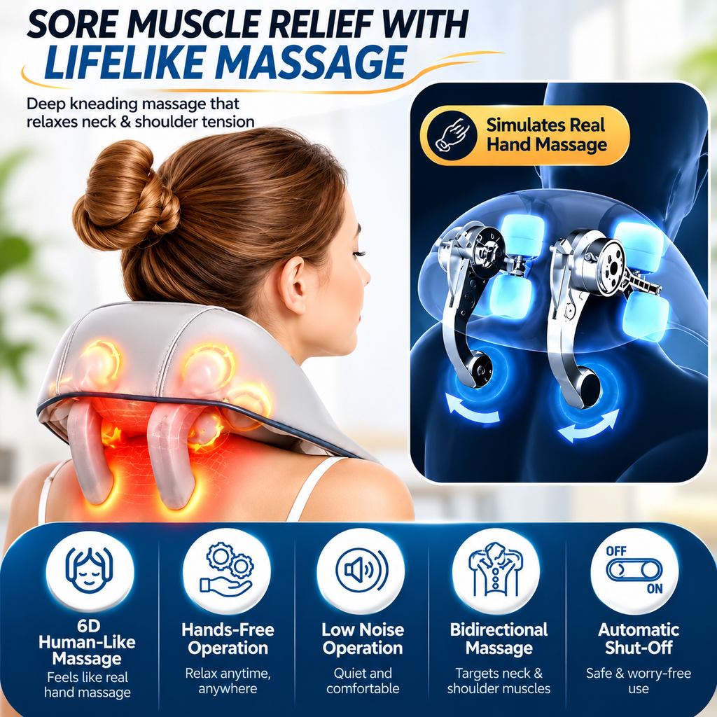 Smart 6D Neck Massager – Heat Therapy, Deep Kneading & Adjustable Intensity