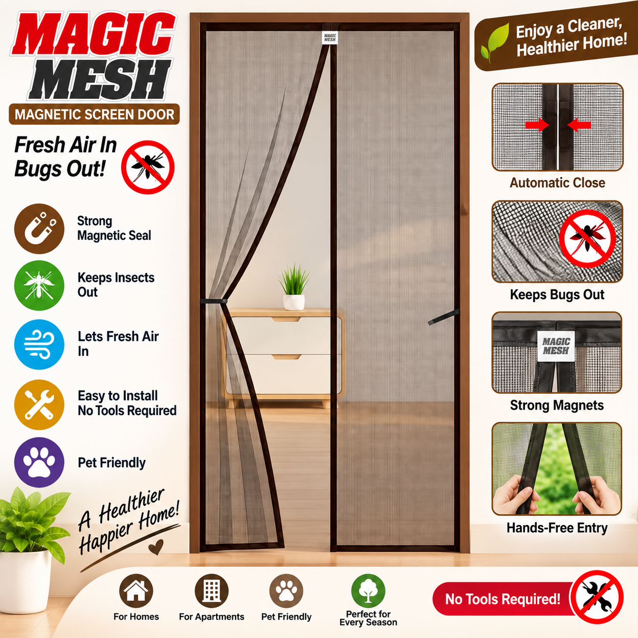 Polyester Magnetic Mosquito Net for Door | Mosquito Curtain for All Door Types & Sizes