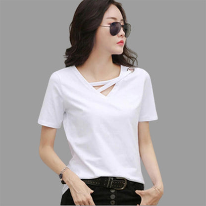 Popster White solid Cotton V-Neck Regular Fit Half Sleeve Womens T-Shirt - Premium  from Mystical9 - Just Rs 699 /- Shop now at Mystical9.com