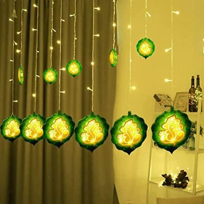 Ganesh Curtain LED Diwali Lights 114 LED 3 Meter Curtain String Lights Window Curtain Led Lights for Decoration (6+6 Ganesh Curtain Warm White) - Premium  from Mystical9 - Just Rs 1070 /- Shop now at Mystical9.com