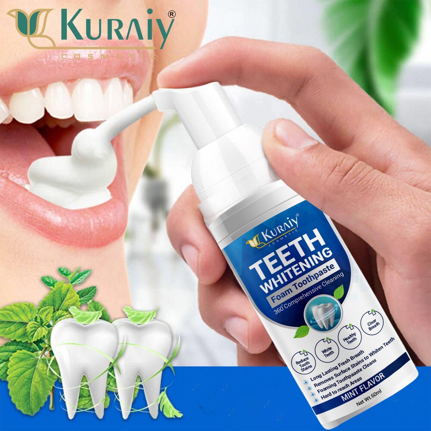 KURAIY Toothpaste Whitening Foam Natural Mouth Wash Mousse Teeth Whitening Teethpaste Oral Hygiene Breath Dental Tool - Premium  from Mystical9 - Just Rs 550 /- Shop now at Mystical9.com