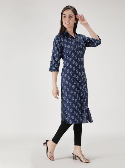 Fabclub Cotton Floral Printed Straight Women Kurti (Navy Blue) - Premium  from Mystical9 - Just Rs 799 /- Shop now at Mystical9.com