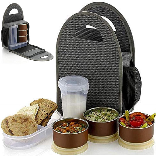 Stainless Steel 3 Container, 1 Casserole Set, 1 Plastic Bottle With Bag Microwave-Safe Lunch Box - Premium  from Mystical9 - Just Rs 1030 /- Shop now at Mystical9.com