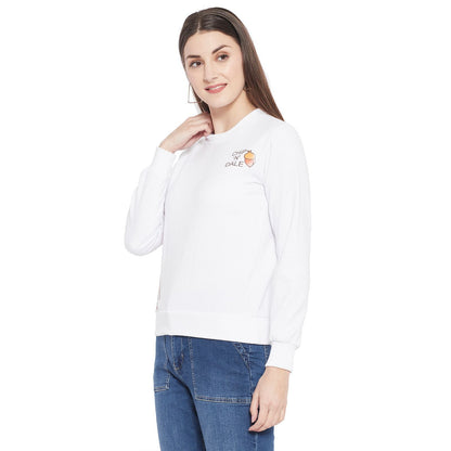 Popster White Printed Fleece Round Neck Regular Fit Long Sleeve Womens Sweatshirt - Premium  from Mystical9 - Just Rs 850 /- Shop now at Mystical9.com