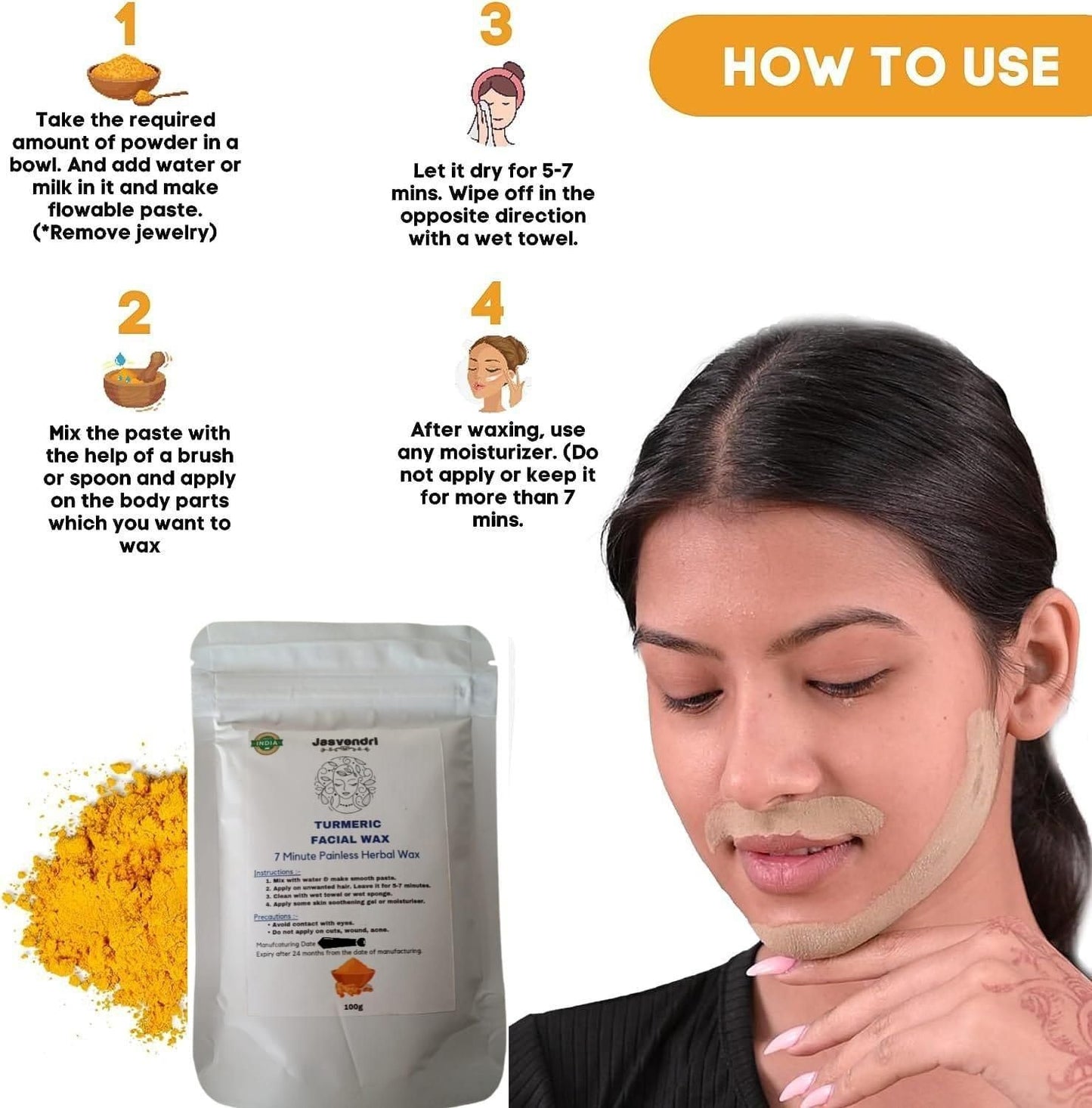 Turmeric Facial Wax - 5 Minute Painless Herbal Wax Powder (100g) - Premium  from Mystical9 - Just Rs 550 /- Shop now at Mystical9.com