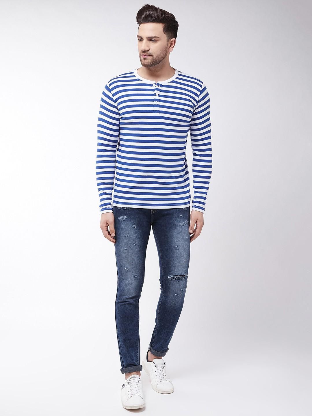 Gritstones Cotton Blend Striped Full Sleeves Stylized Neck Mens  T-Shirt - Premium  from Mystical9 - Just Rs 660 /- Shop now at Mystical9.com