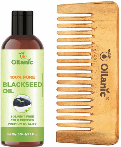 Oilanic  Pure & Natural Black Seed Oil( 100 ml) & Herbal Handmade Medium Detangler Neem Wooden Comb(5.5 inches)- For Antidandruff Men & Women Combo Pack - Premium  from Mystical9 - Just Rs 600 /- Shop now at Mystical9.com