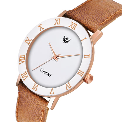 Lorenz Brown Leather Strap & White Roman Dial Analogue Watch for Men - Premium  from Mystical9 - Just Rs 656 /- Shop now at Mystical9.com