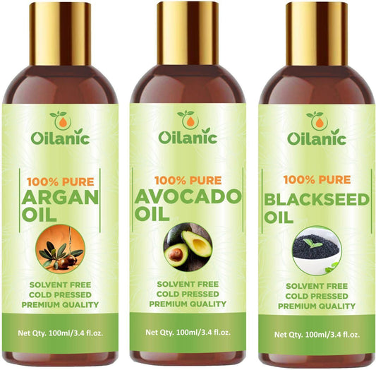 Oilanic Premium Argan Oil, Avocado Oil & Blackseed Oil Combo pack of 3 bottles of 100 ml(300 ml) - Premium  from Mystical9 - Just Rs 999 /- Shop now at Mystical9.com