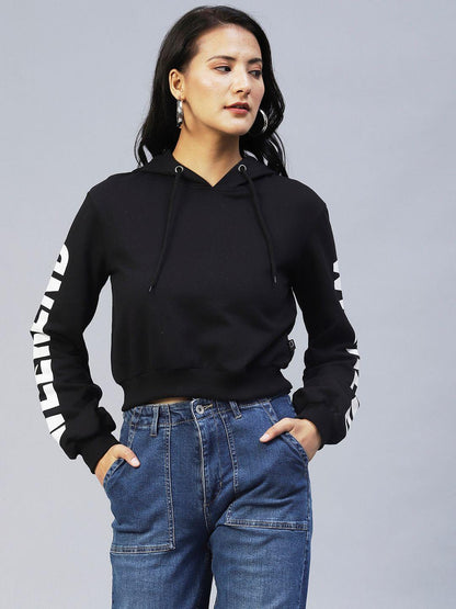 Rigo Women's Fleece Black Hooded Printed Sleeves Fleece Sweatshirt - Premium  from Mystical9 - Just Rs 950 /- Shop now at Mystical9.com