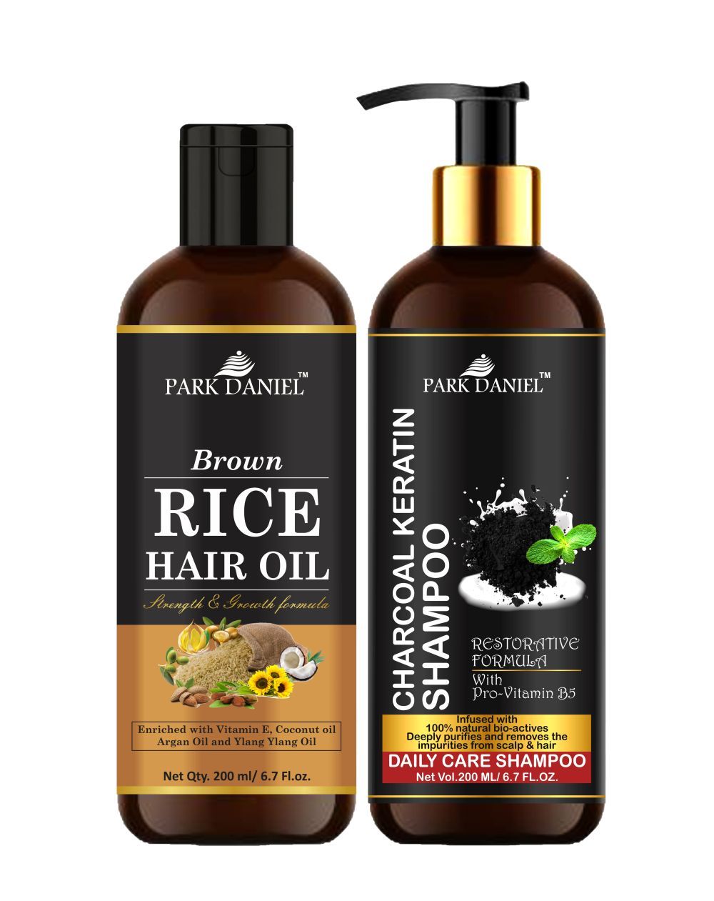 Park Daniel Pure and Natural Brown Rice Oil & Activated Charcoal Shampoo Hair Care Combo Pack Of 2 bottle of 200 ml(400 ml) - Premium  from Mystical9 - Just Rs 1500 /- Shop now at Mystical9.com