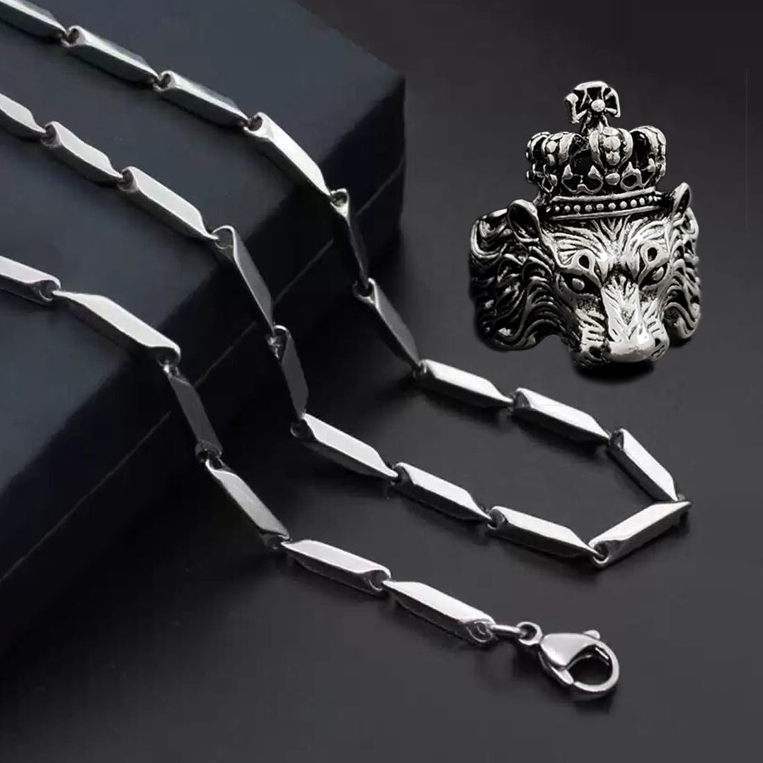 Silver plated chain with silver plated KGF LION shape adjustable ring combo set Rhodium Plated Stainless Steel Chain - Premium  from Mystical9 - Just Rs 636 /- Shop now at Mystical9.com