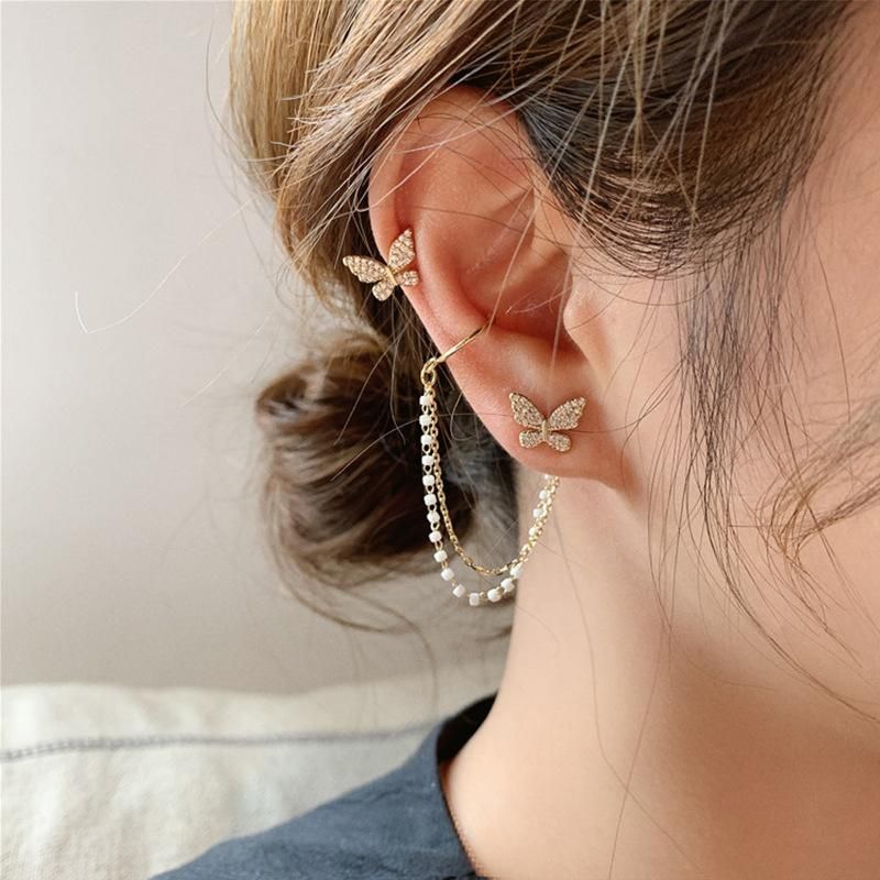 AVR JEWELS High sense of asymmetric butterfly pearl ear bone clip earrings all-in-one female super fairy tassel earrings - Premium  from Mystical9 - Just Rs 599 /- Shop now at Mystical9.com