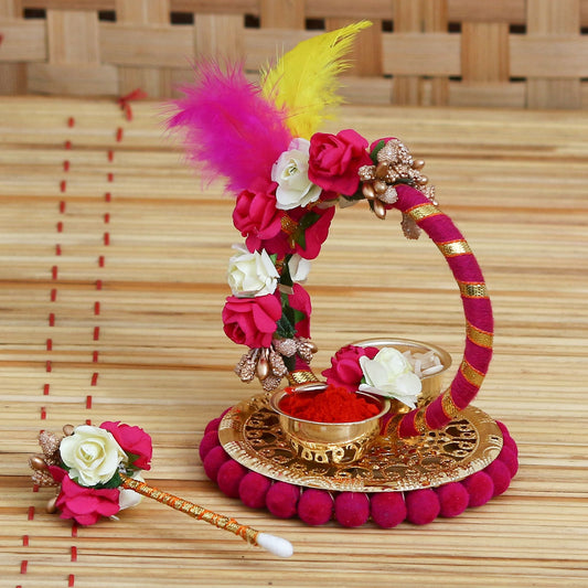 eCraftIndia Handcrafted Decorative Roli Tikka Holder with designer stick and Colorful Feathers - Premium  from Mystical9 - Just Rs 600 /- Shop now at Mystical9.com