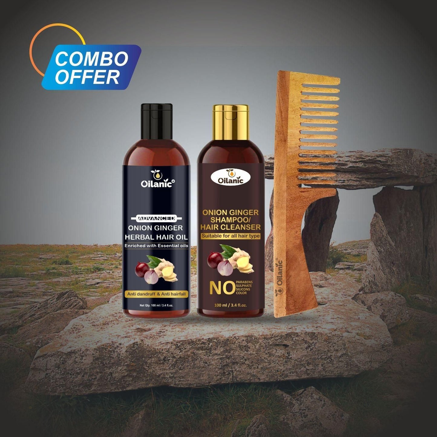 Oilanic Herbal Hair Oil, Onion Ginger Shampoo & Wooden Neem Ecofriendly Comb Combo - Premium  from Mystical9 - Just Rs 700 /- Shop now at Mystical9.com