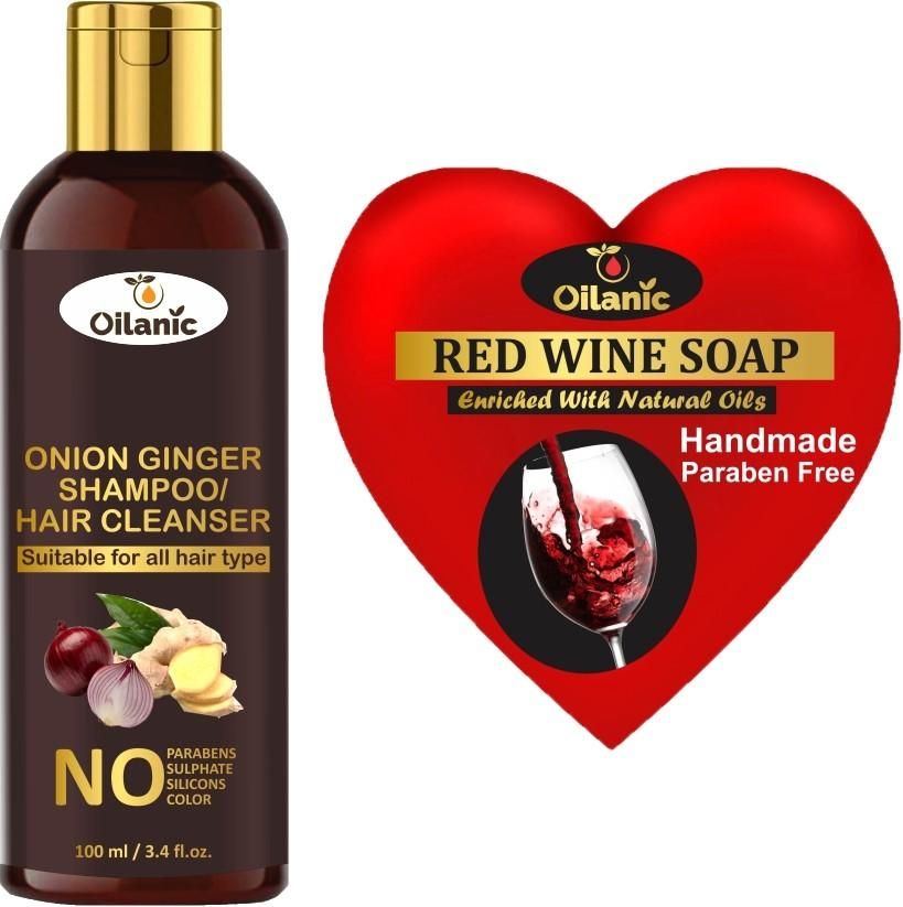 Oilanic Premium Onion Ginger Shampoo 100 ml and Red Wine Soap 100 gm, Combo Pack of 2 - Premium  from Mystical9 - Just Rs 600 /- Shop now at Mystical9.com