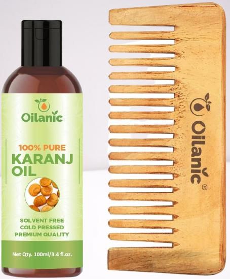 Oilanic  Pure & Natural Karanj Oil( 100 ml) & Herbal Handmade Medium Detangler Neem Wooden Comb(5.5 inches)- For Antidandruff Men & Women Combo Pack - Premium  from Mystical9 - Just Rs 600 /- Shop now at Mystical9.com