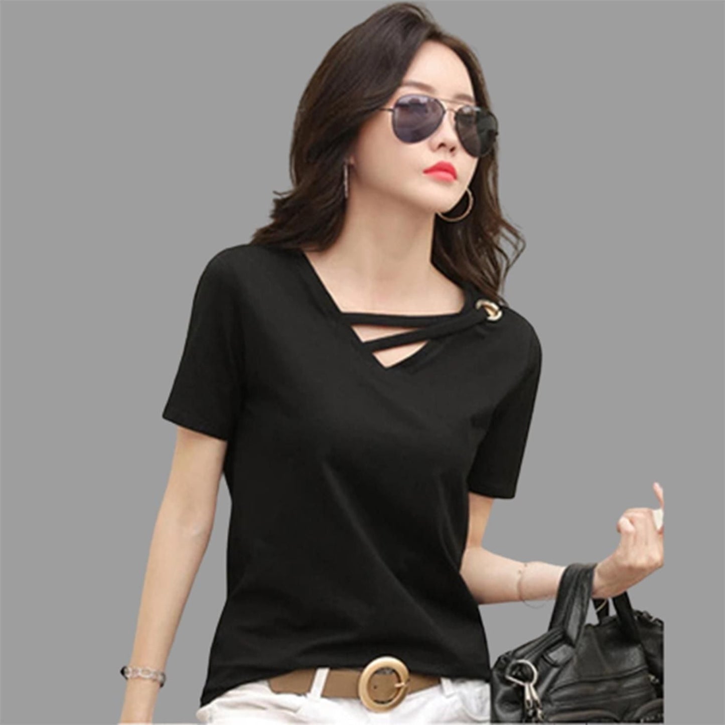 Popster Black solid Cotton V-Neck Regular Fit Half Sleeve Womens T-Shirt - Premium  from Mystical9 - Just Rs 681 /- Shop now at Mystical9.com