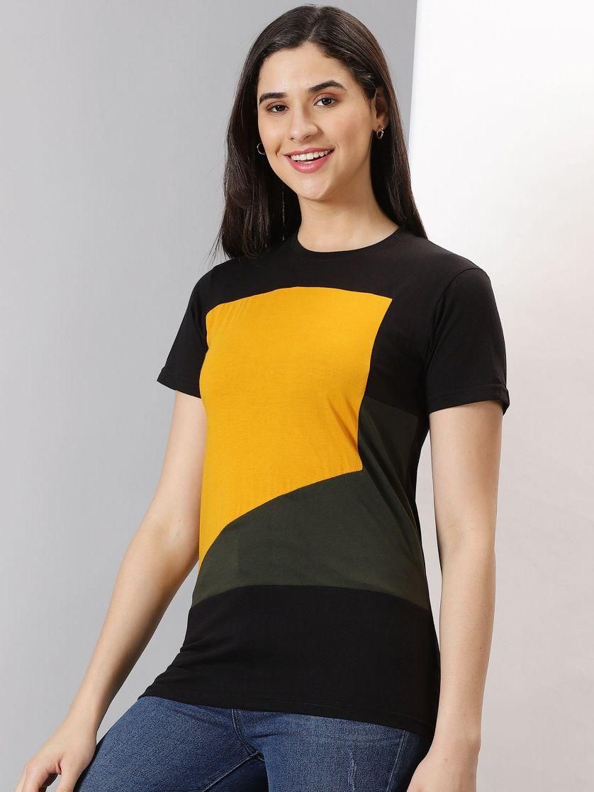 AUSK Women's Dark Colorblocked Round Neck Half Sleeve Casual T-Shirt - Premium  from Mystical9 - Just Rs 699 /- Shop now at Mystical9.com