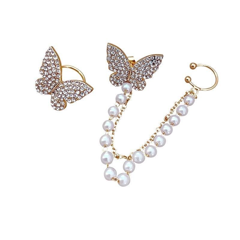 AVR JEWELS High sense of asymmetric butterfly pearl ear bone clip earrings all-in-one female super fairy tassel earrings - Premium  from Mystical9 - Just Rs 599 /- Shop now at Mystical9.com