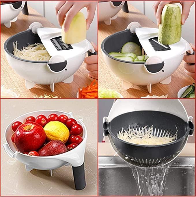 9 in 1 Slicer-Portable Multifunction Vegetable Cutter with Drain Basket, Magic Rotate Colander, Slicer, Chopper, Grater - Premium  from Mystical9 - Just Rs 670 /- Shop now at Mystical9.com