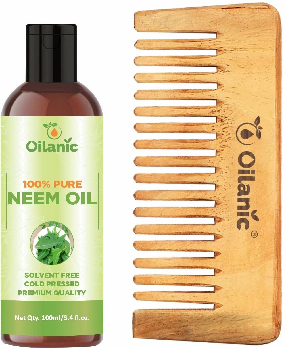 Oilanic  Pure & Natural Neem Oil( 100 ml) & Herbal Handmade Medium Detangler Neem Wooden Comb(5.5 inches)- For Antidandruff Men & Women Combo Pack - Premium  from Mystical9 - Just Rs 600 /- Shop now at Mystical9.com